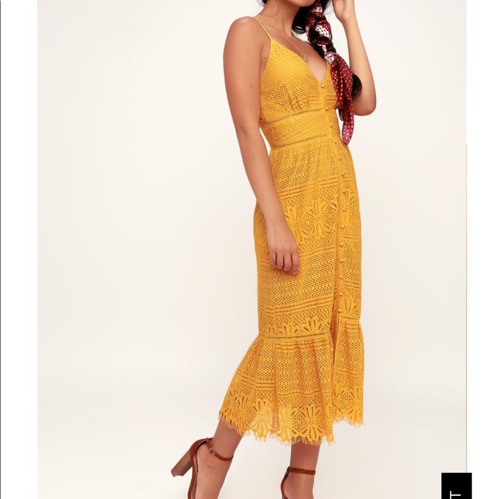 LULUS ROBYN MUSTARD LACE BUTTON-UP MIDI DRESS